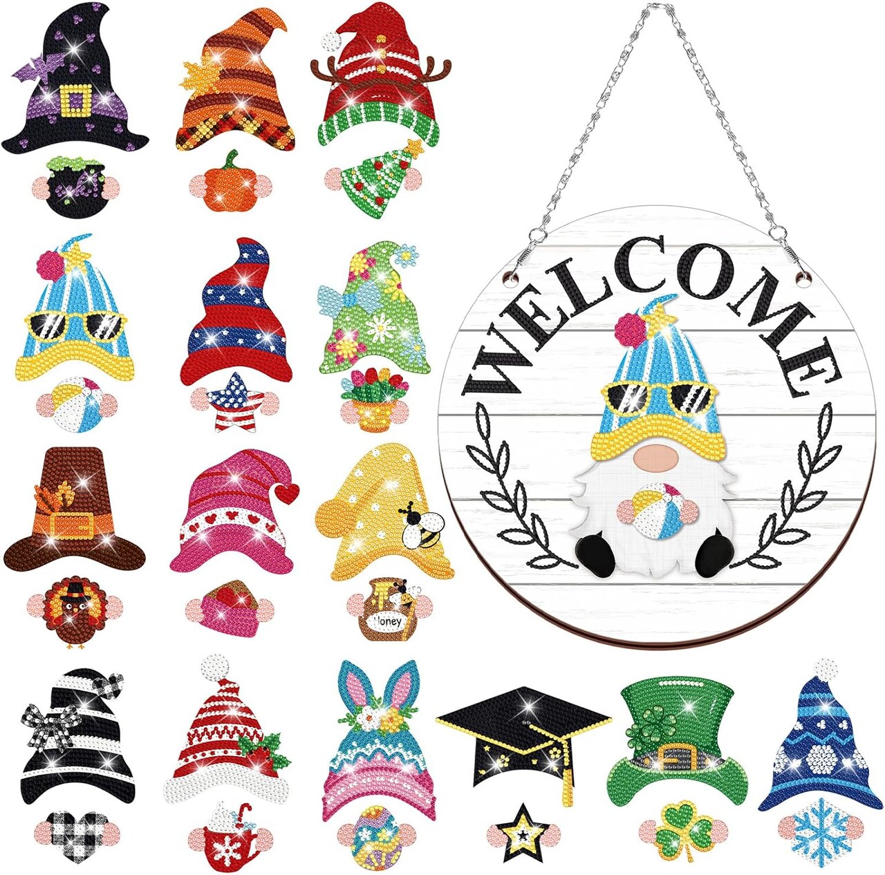 31-Piece Magnetic Diamond Art Gnome Kit – DIY Interchangeable Welcome Sign for Front Door, Detachable Hats & Holiday Decorations, Handmade Gift for Wall or Door (White)
